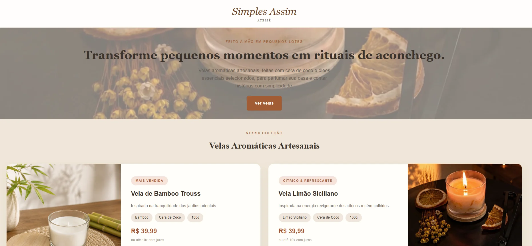Página do catálogo de velas aromáticas do Ateliê Simples Assim
